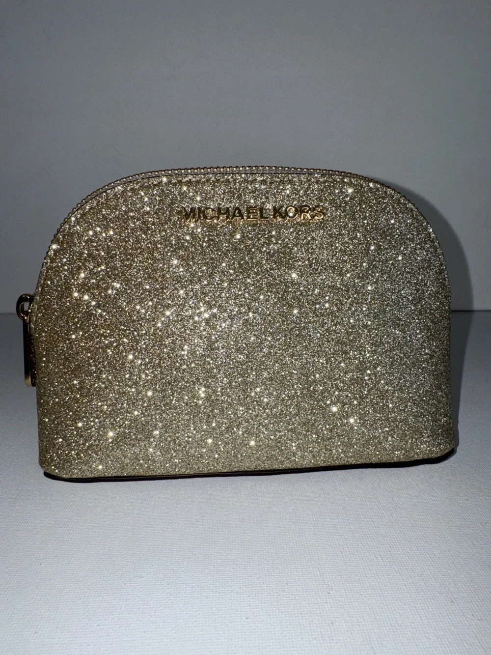 Michael Kors Gold Glitter Cosmetic Case Domed Travel Makeup Pouch Bag